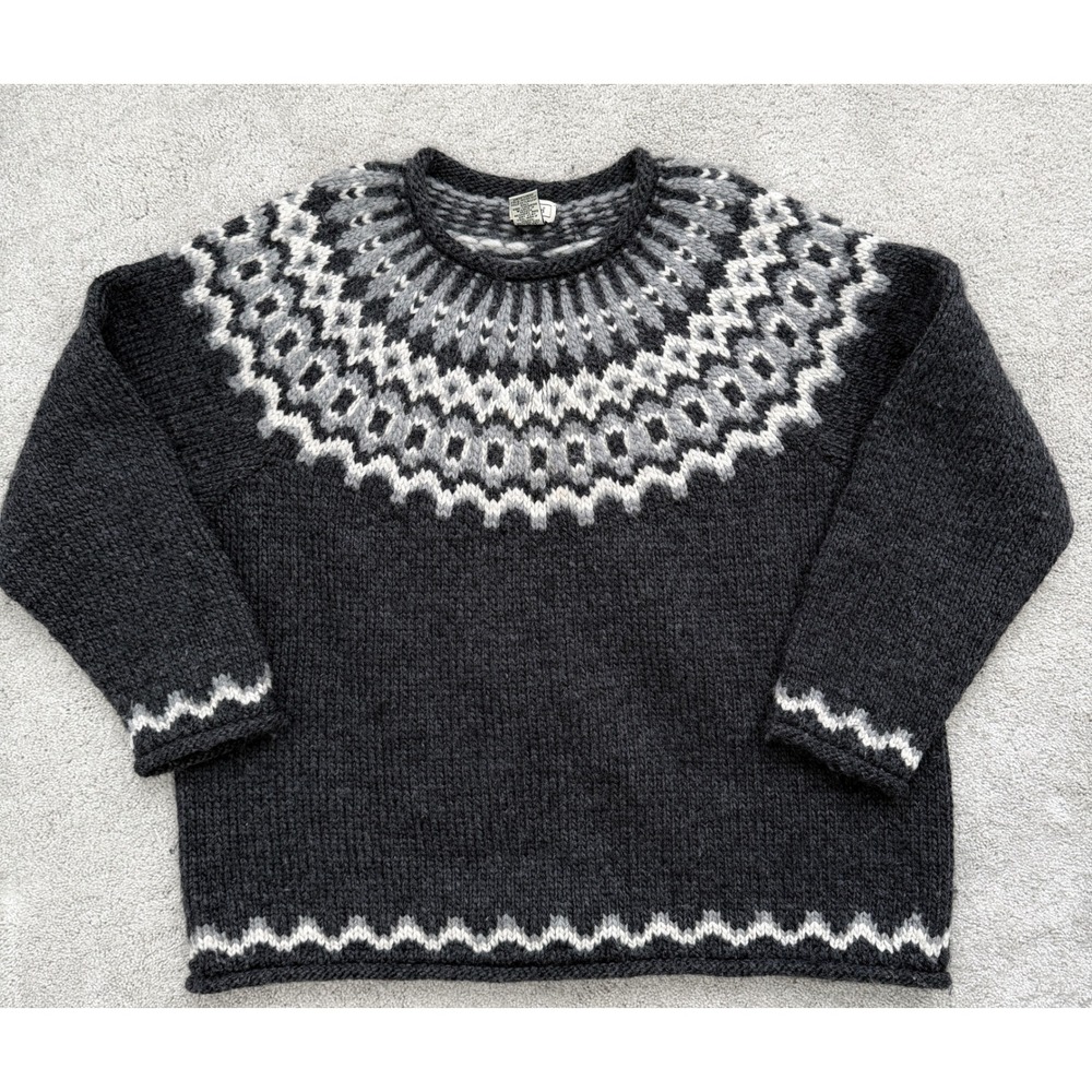 VTG LL Bean Womens XL 100% Wool Fair Isle Nordic Chunky Knit Sweater Gray 90s